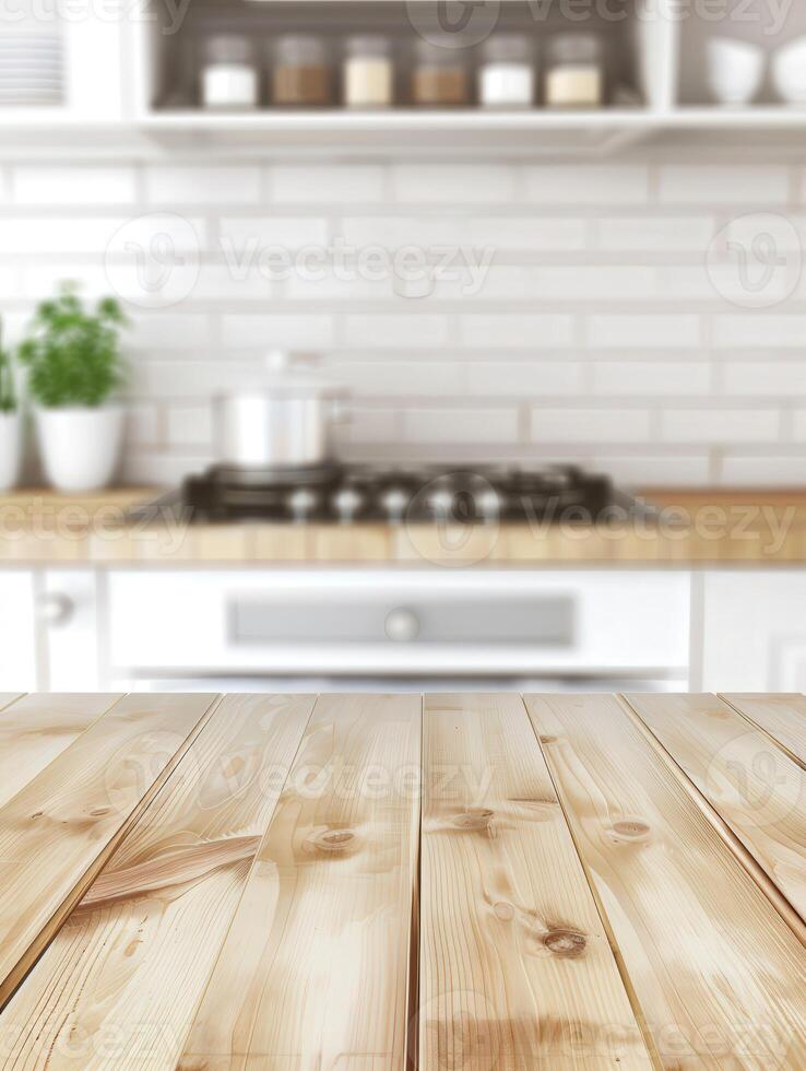 Empty Wooden Table Top With Blurred Kitchen Background for Display photo