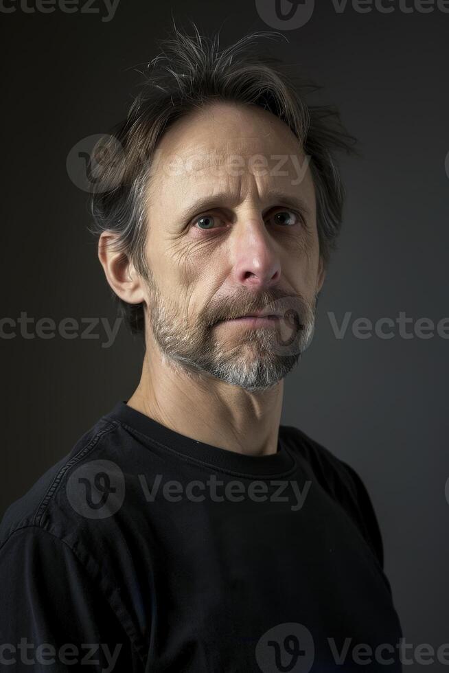Man in Black Shirt Poses With Serious Expression Against Dark Background photo