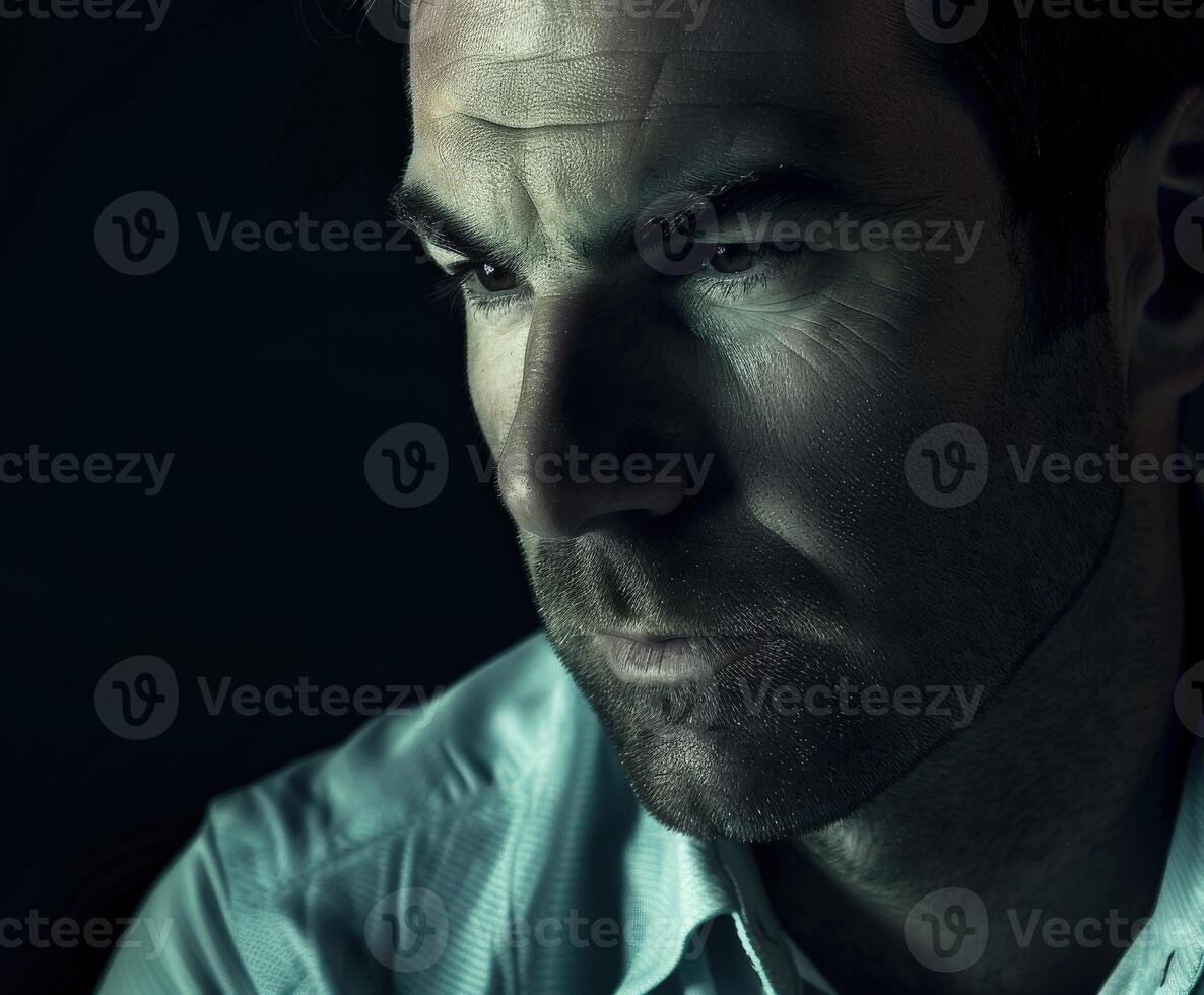 Intense Portrait of a Male in Dim Light With Thoughtful Expression photo