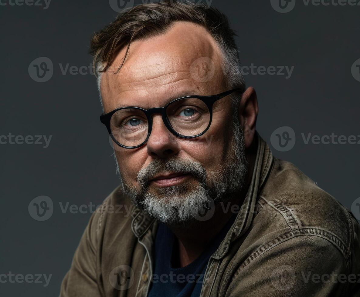 Man With Glasses and Beard Posing Against Dark Background photo