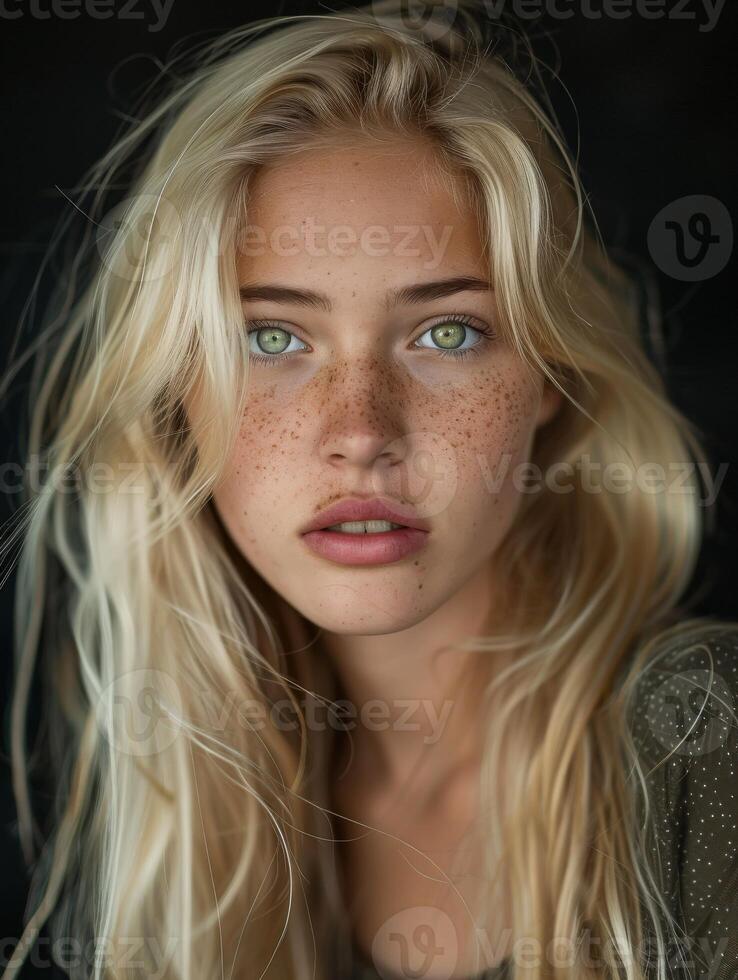 Portrait of a Young Woman With Green Eyes and Freckles Against a Dark Background photo