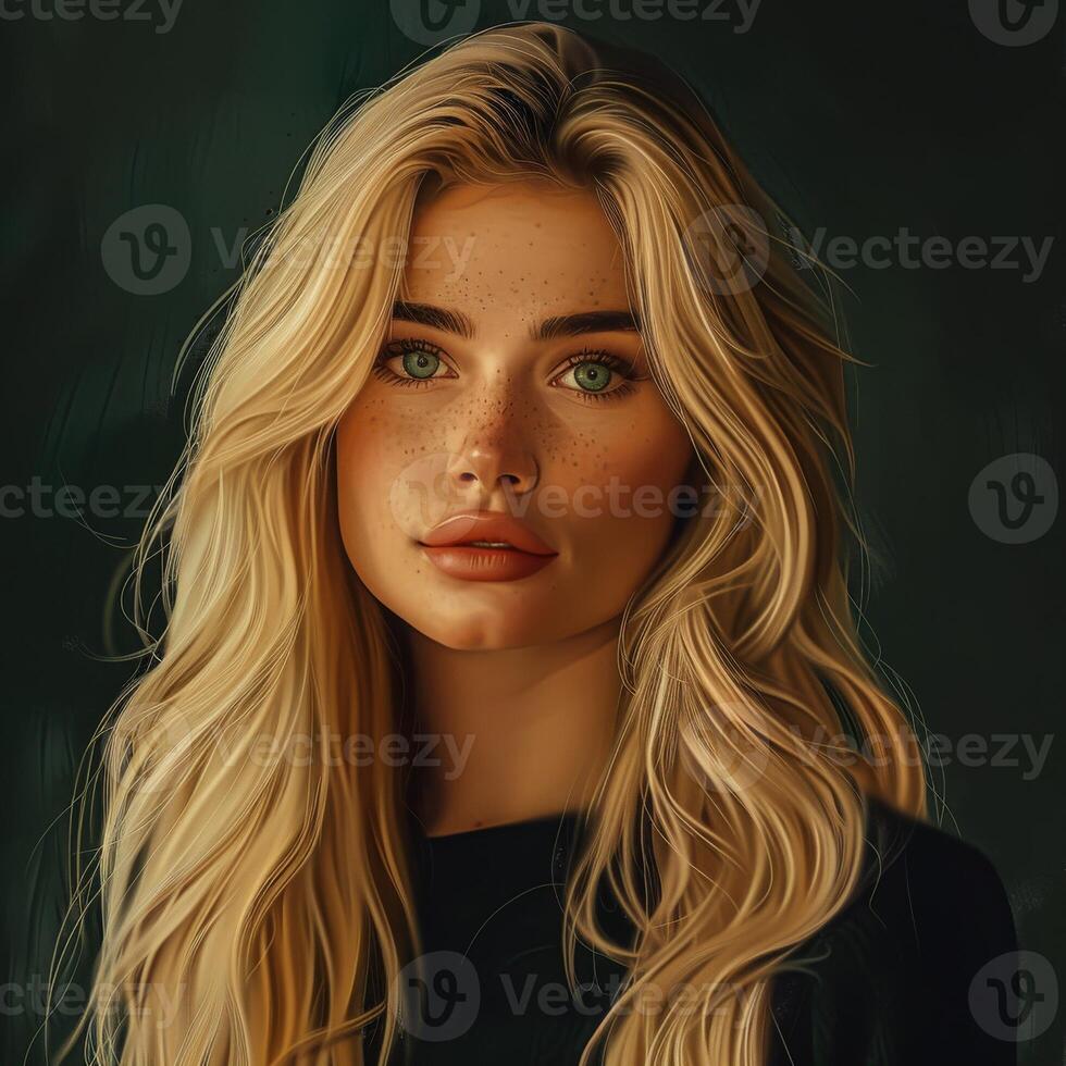 Young Woman With Long Blonde Hair and Green Eyes Posing Against a Dark Background photo