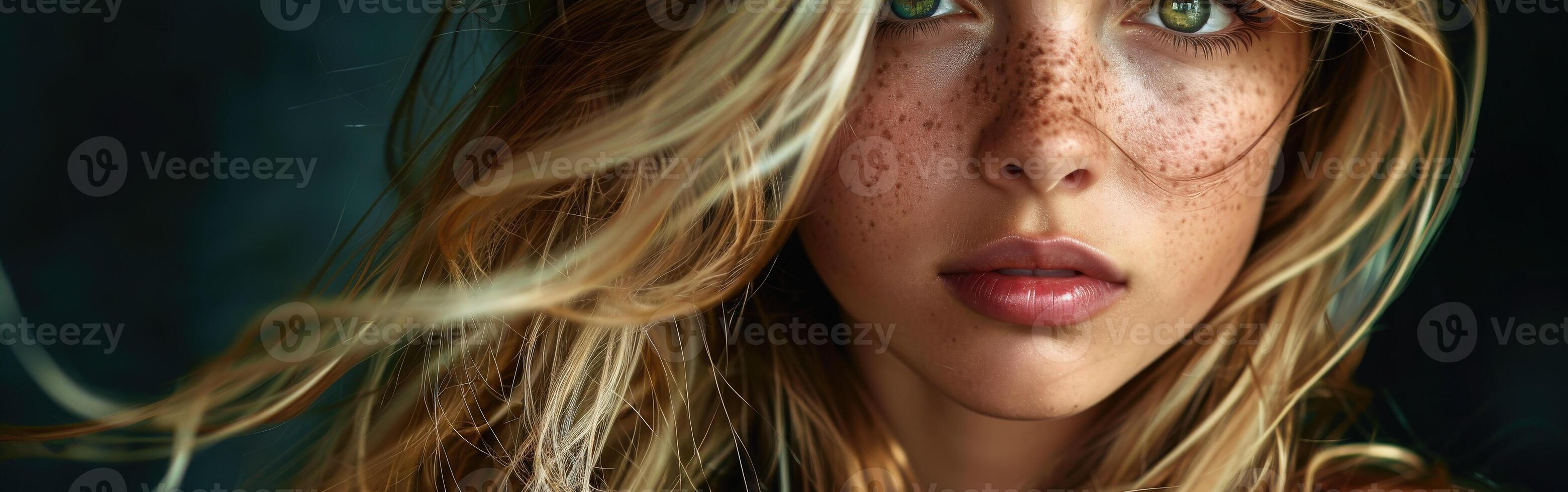 Young Girl With Freckles and Long Hair Captured in Soft Light photo