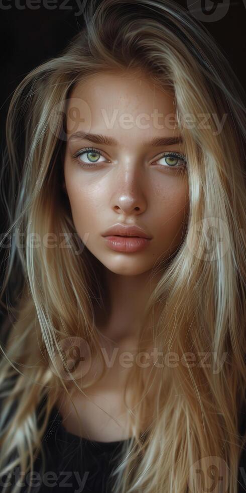 Young Woman With Long Blonde Hair and Striking Green Eyes in Soft Light photo