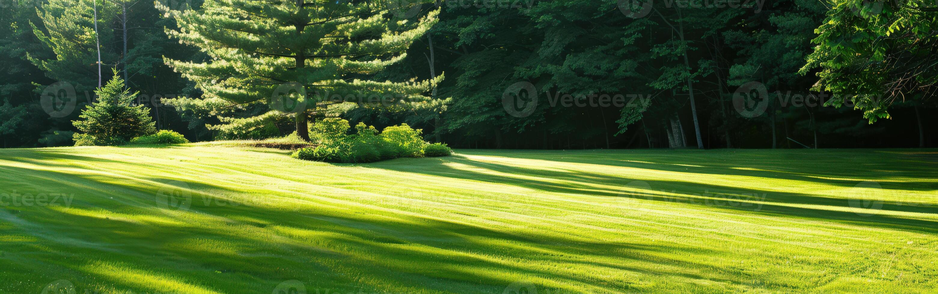 Morning Light Over a Lush Green Meadow Surrounded by Trees photo