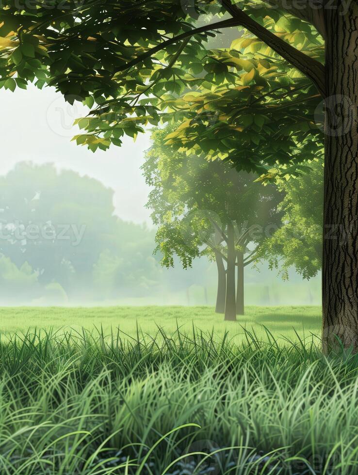 Morning Light Over a Lush Green Meadow With Trees and Gentle Mist photo