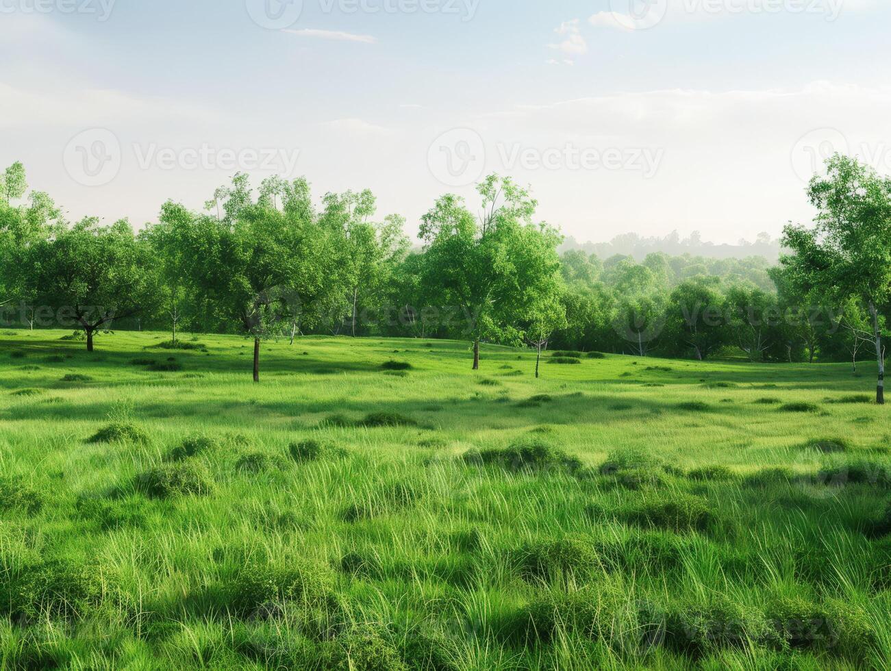 Tranquil Green Meadow at Dawn Surrounded by Lush Trees and Serenity photo
