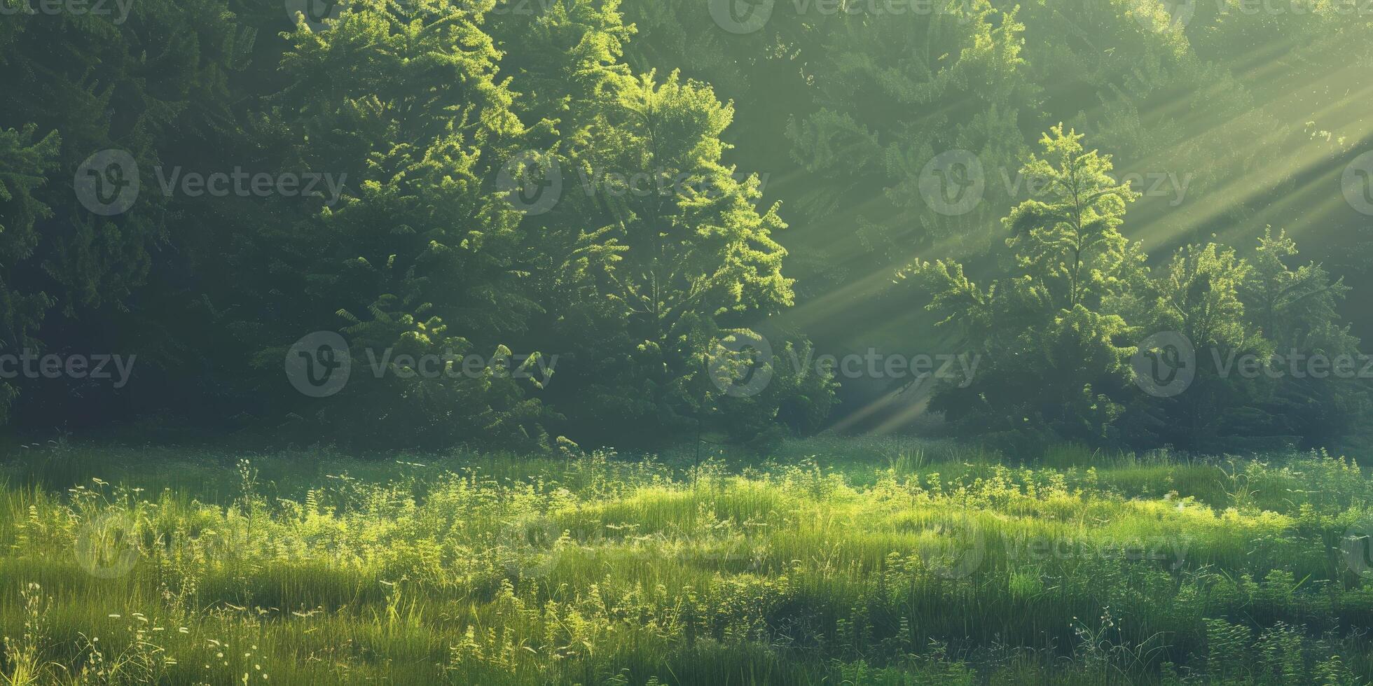 Morning Light Illuminates Lush Green Meadow Surrounded by Forest photo