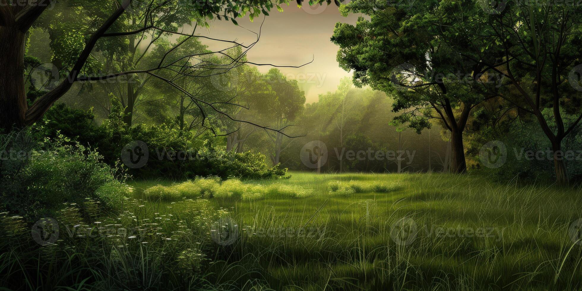 Green Meadow Bathed in Warm Light at Sunset With Trees and Gentle Breeze photo