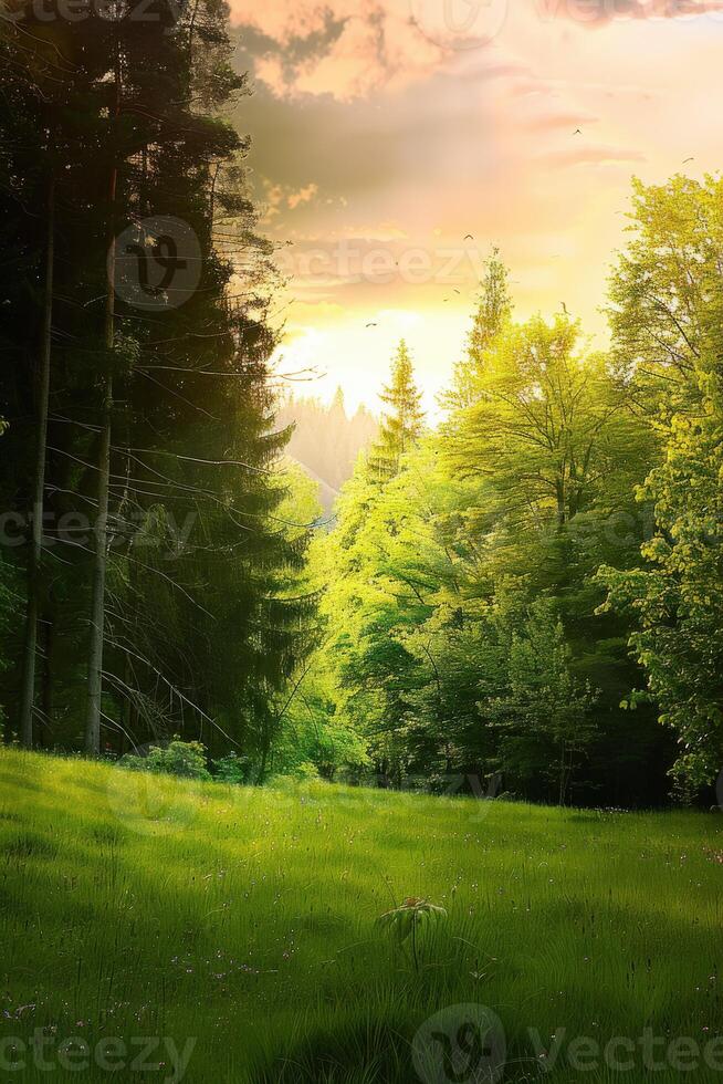 Golden Sunset Over Lush Green Meadow Surrounded By Towering Trees photo