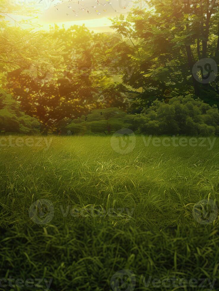 Lush Green Meadow Bathed in Golden Sunset Light photo