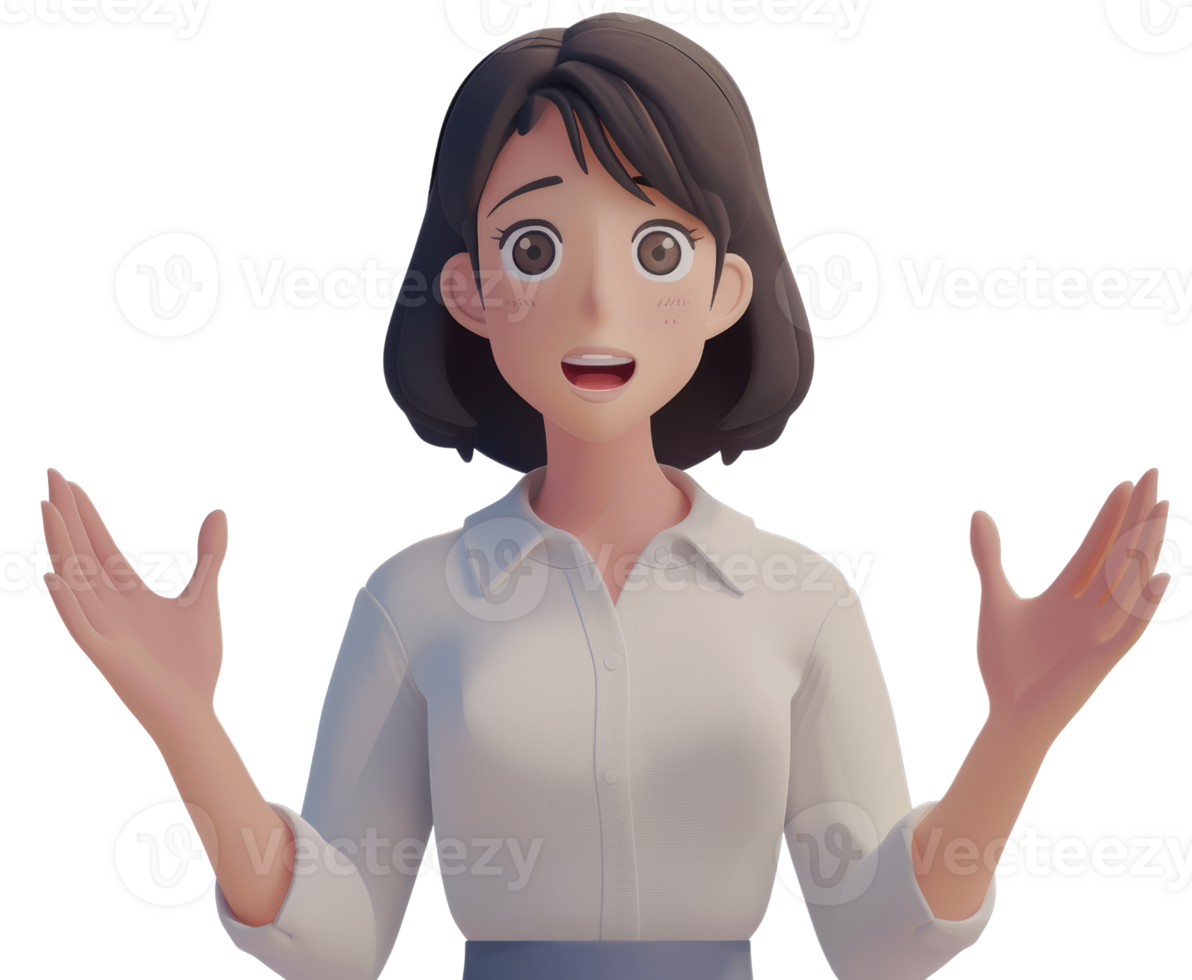 Animated Woman with Surprised Expression and Open Arms in White Shirt and Blue Skirt png
