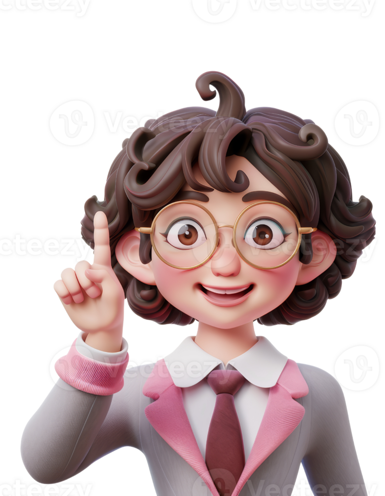 Cheerful 3D Cartoon Character with Glasses and Curly Hair Pointing Upwards in a Pink and Grey Outfit png