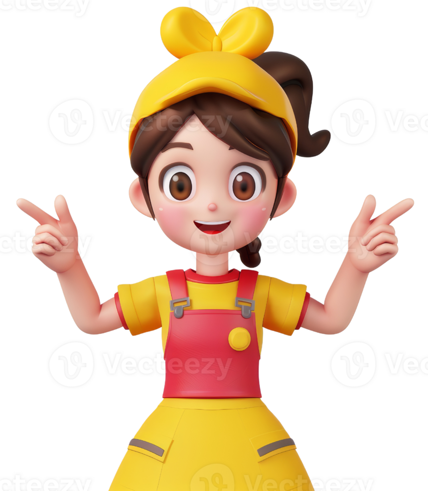 Cheerful Cartoon Girl in Yellow and Red Outfit Pointing with Both Hands - 3D Rendered Character Illustration png