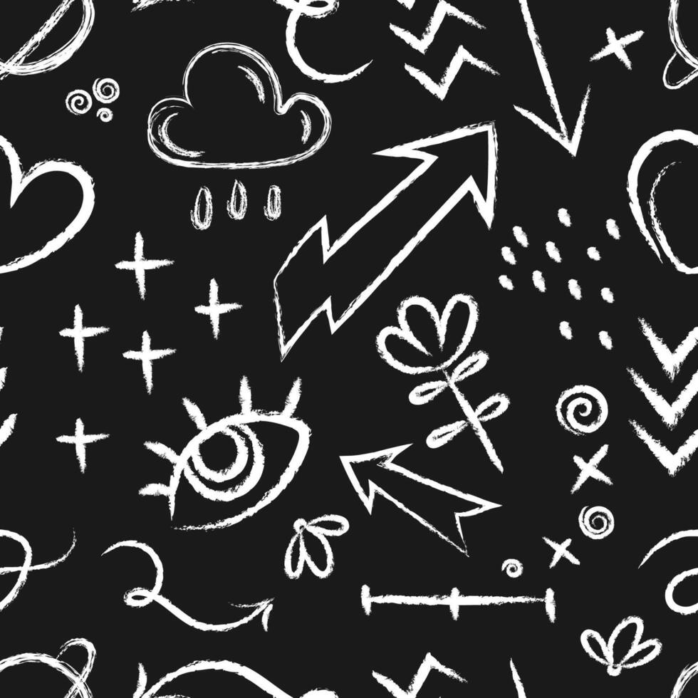 Fun hand drawn Chalk doodles seamless pattern.Chalk graphic elements arrows,hearts, drops on dark background seamless texture.Design for textiles,paper print,wrapping paper,wallpapers, wrapping. vector