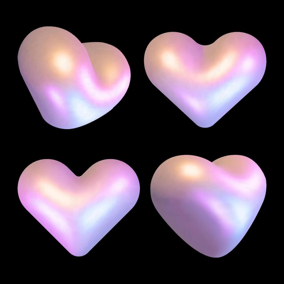 Glossy 3D Heart in different positions holographic colors. realistic Clipart 3D Love Heart shapes on isolated black background.Valentines collection vector