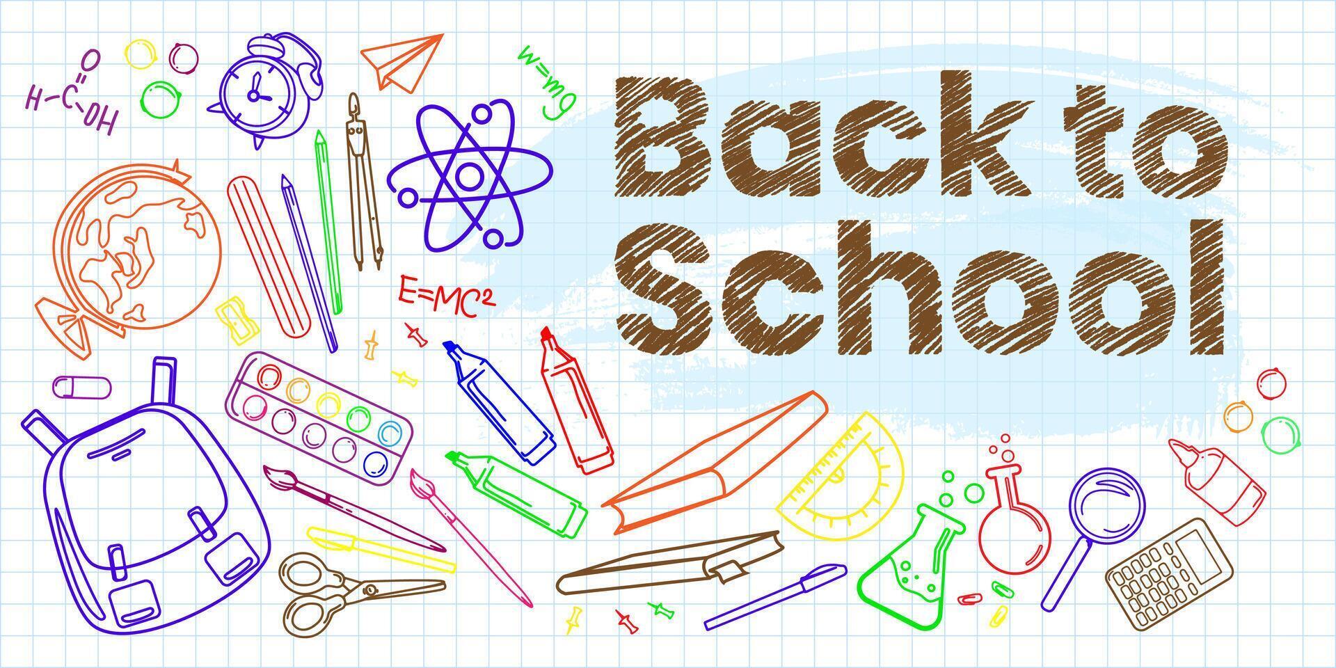 Back to school horizontal banner with supplies drawn in doodle style. School background template for education items sale advertisement, promotions, banner template. illustration vector
