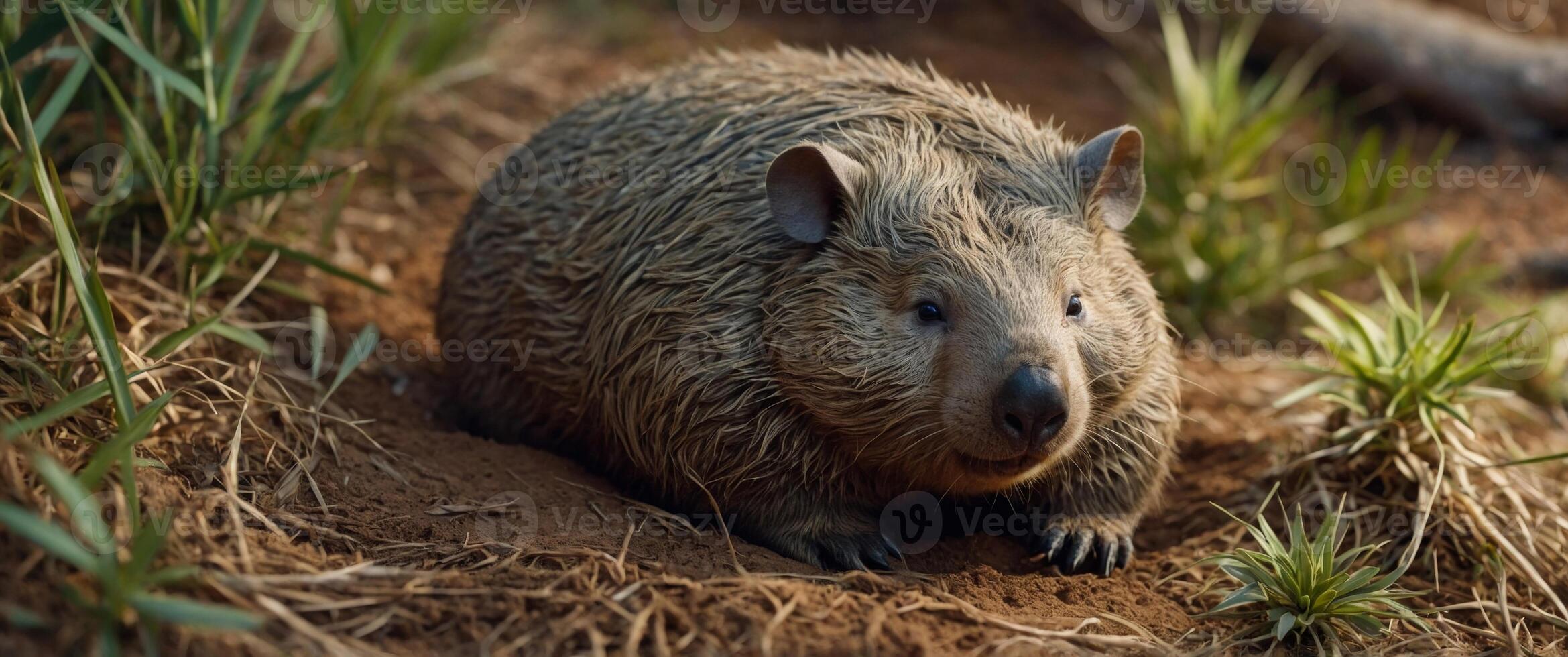 A close-up image of a chubby wombat resting in its burrow, australia, native, marsupial, wildlife, adorable, burrow, furry. photo