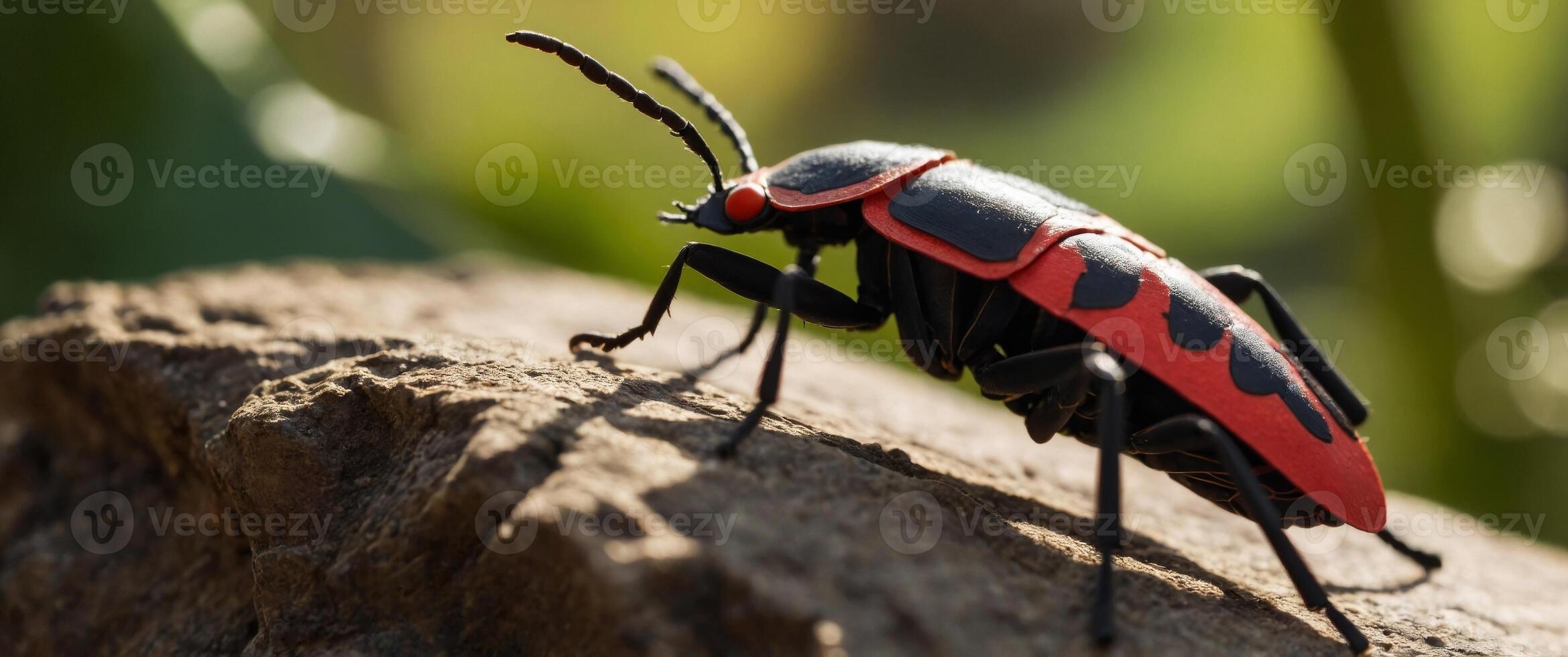 A close up of a bug with a red head and black body The bug is in the sun and has a lot of dust on it. photo