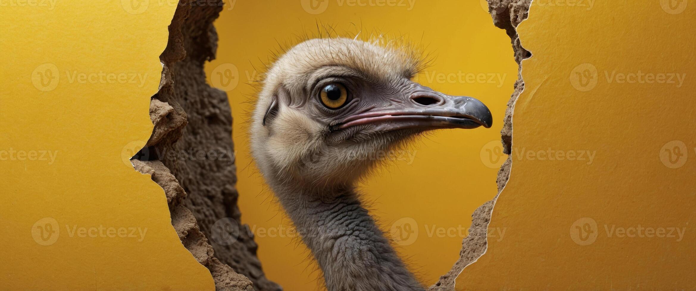 An ostrich's head cautiously peeks through a torn hole on a bright yellow background, suggesting curiosity and humor. photo