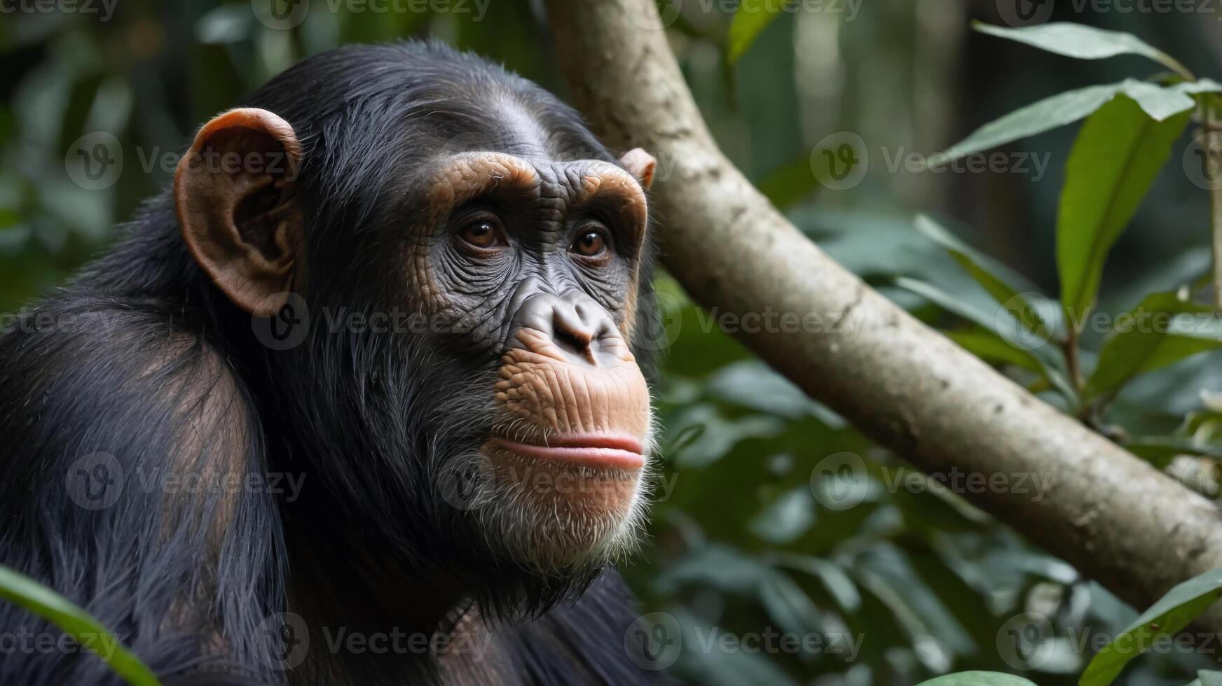 A close-up of a chimpanzee in its natural habitat with face digitally obscured. photo