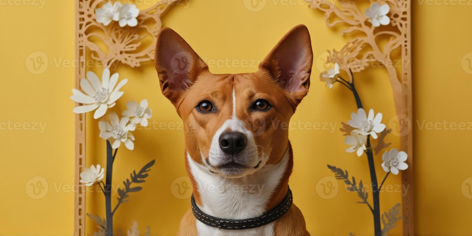 Basenji dog on a bright yellow background with copy space. photo