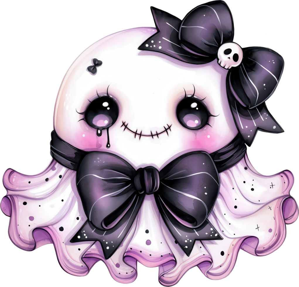 Kawaii Halloween Ghost with Skull Bow and Stitch Mouth png