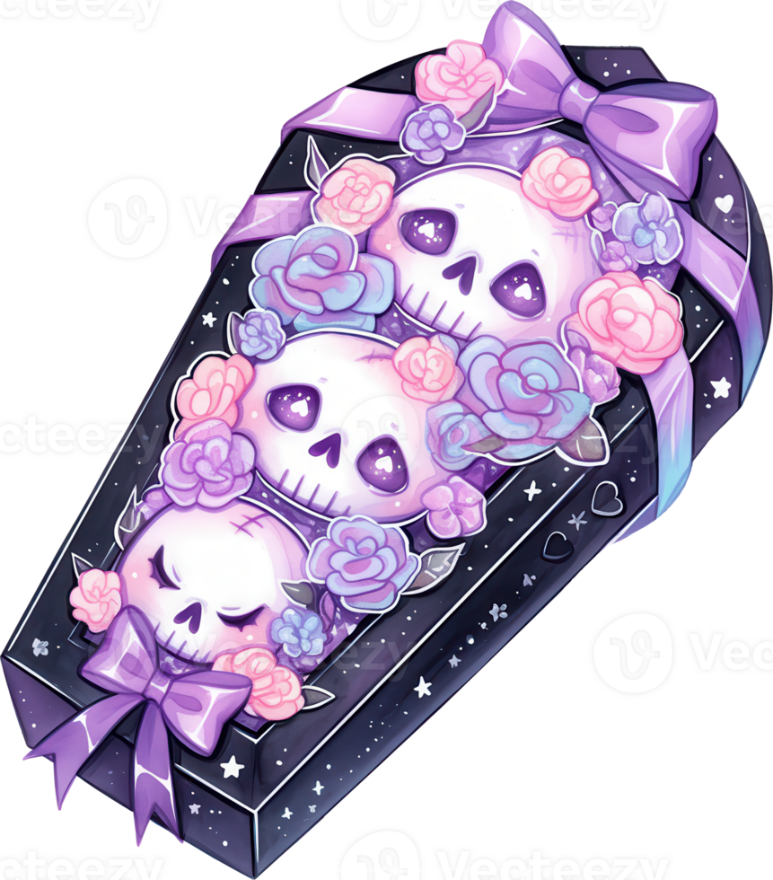 Kawaii Halloween Coffin with Skulls and Flowers png
