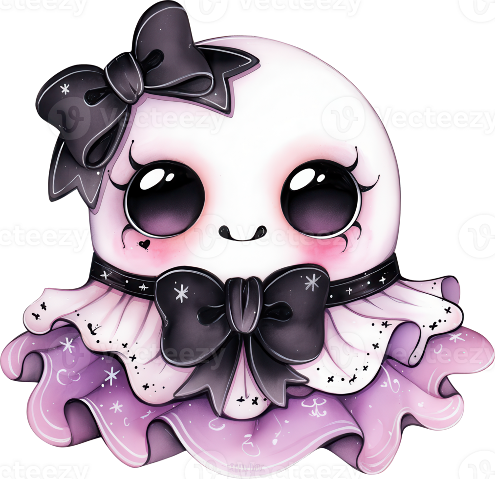 Kawaii Halloween Ghost with Black Bow and Dress png