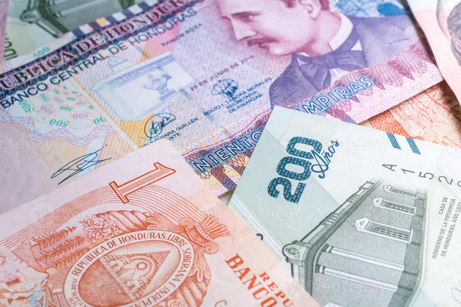 Closed up shot of several Honduran bills with different denominations. photo