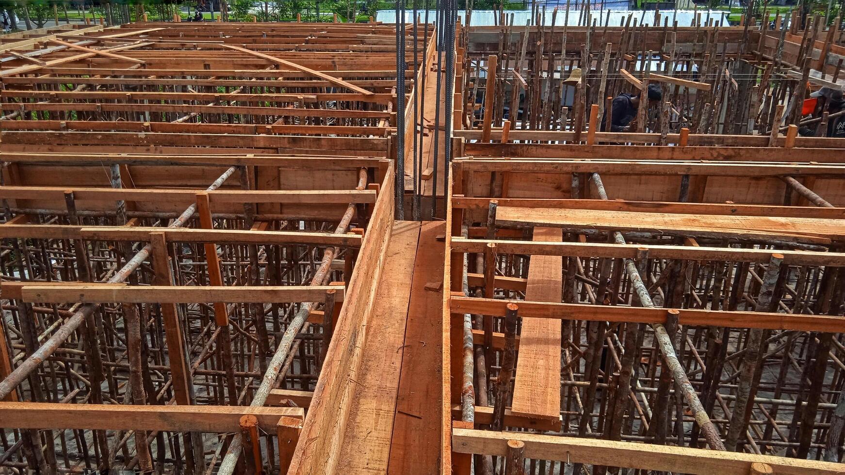 Wooden frame supporting the beam structure under construction. photo