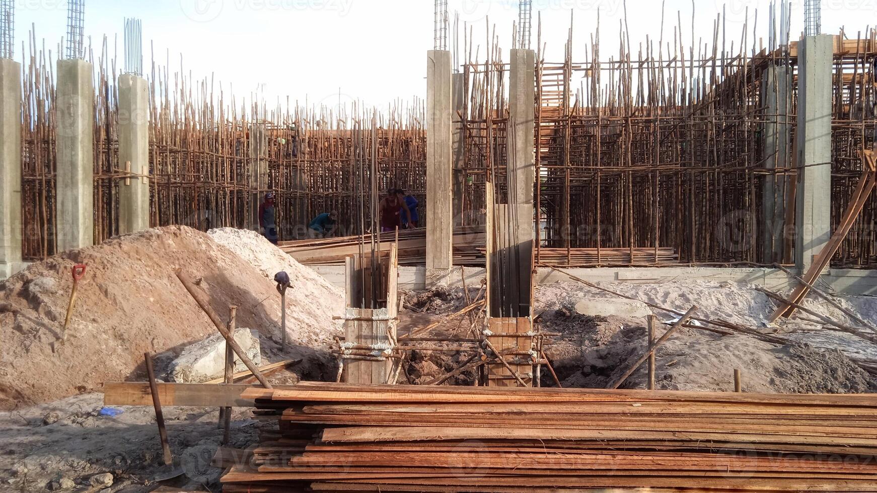 Wooden frame supporting the beam structure under construction. photo
