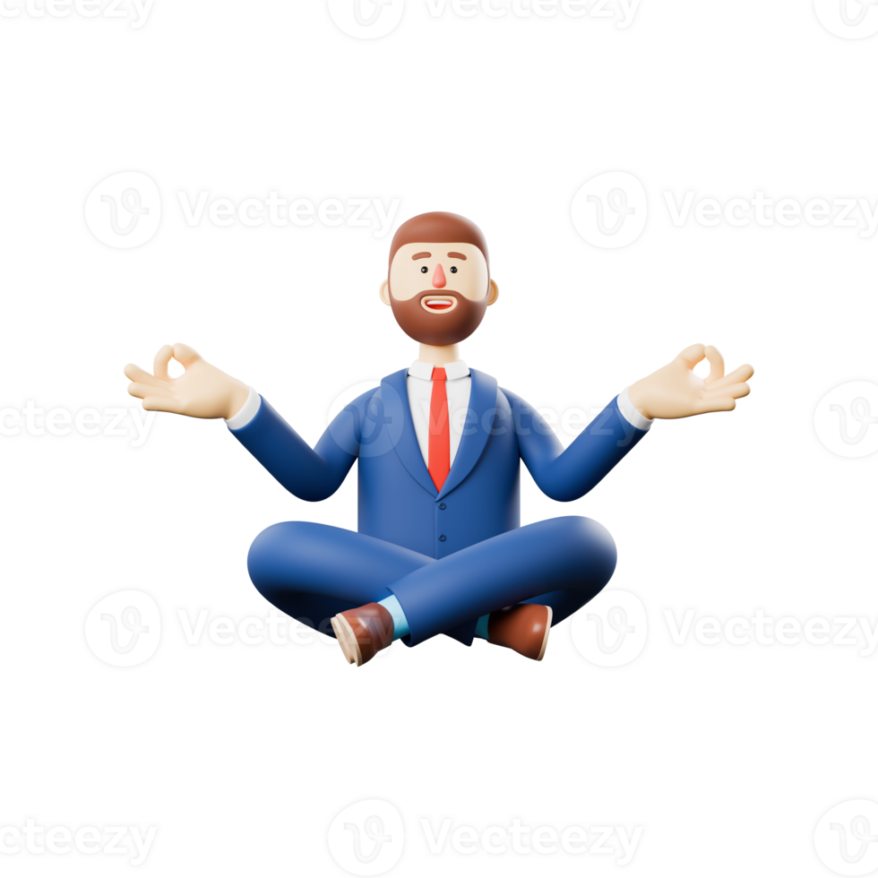 3D illustration of meditating man sitting on the floor. Cartoon smiling businessman with closed eyes in yoga lotus position. png