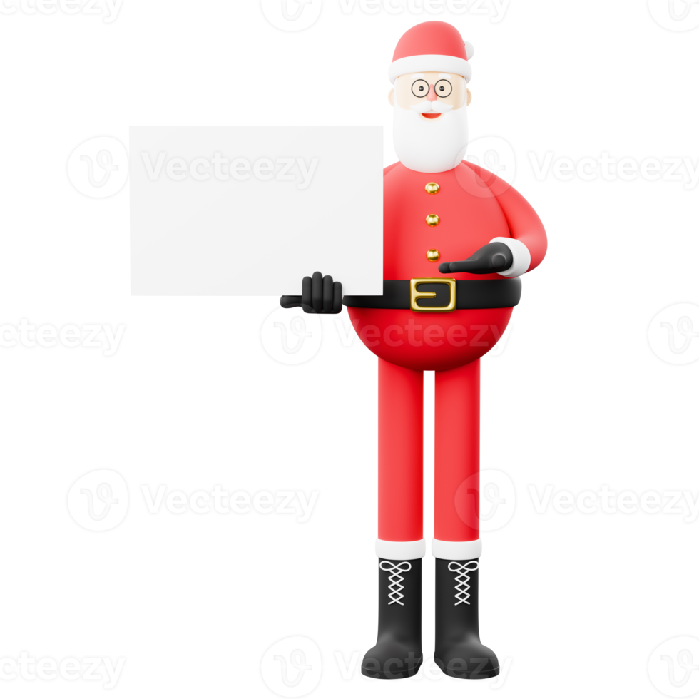 Set of 3D Realistic Santa Claus Cartoon Character for Christmas Holding Blank Board. png