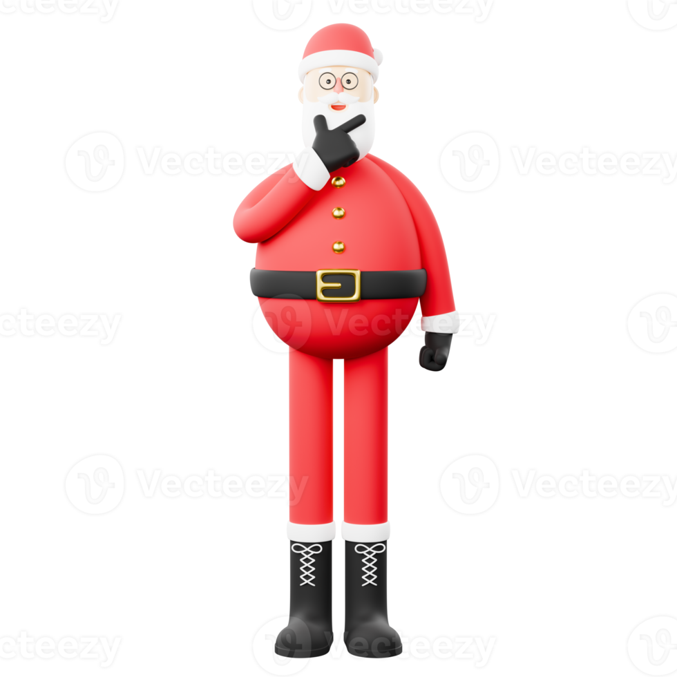 Christmas santa claus 3d cartoon character standing looking for a bright idea. png