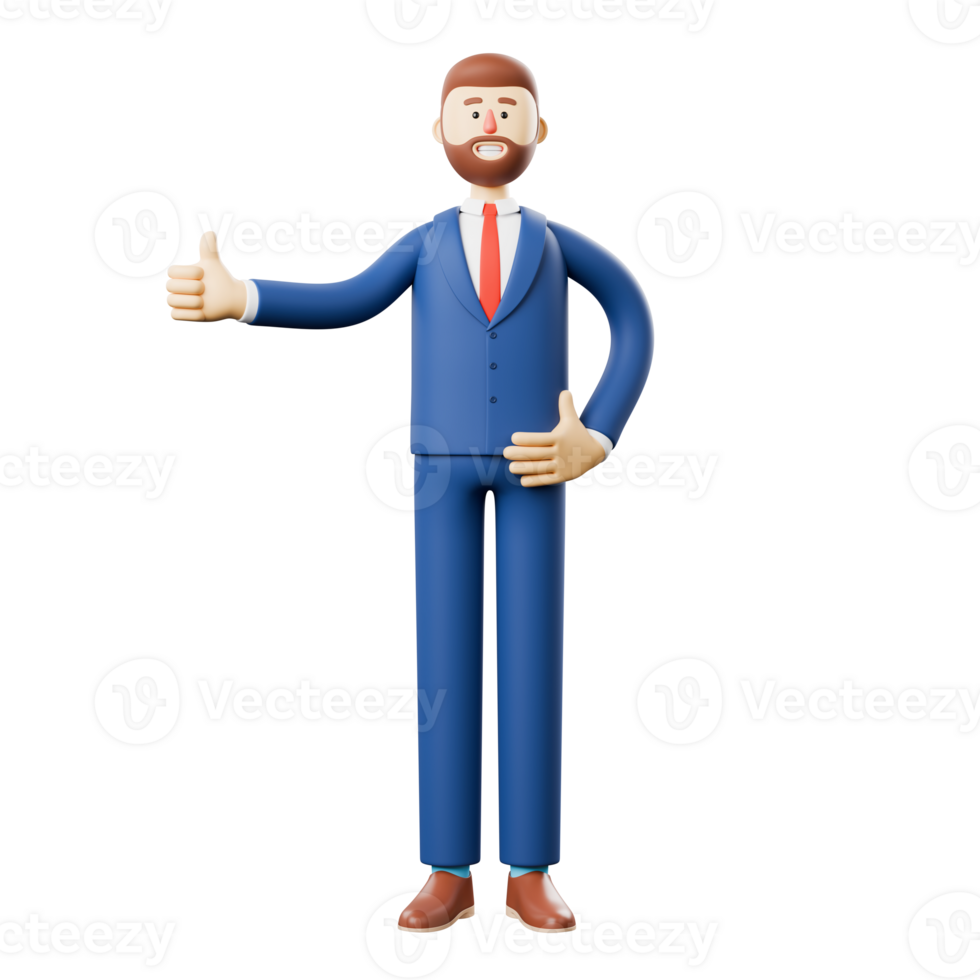 Portrait of smiling happy businessman showing gesture cool. 3D illustration of cartoon standing man in suit with thumb up. png