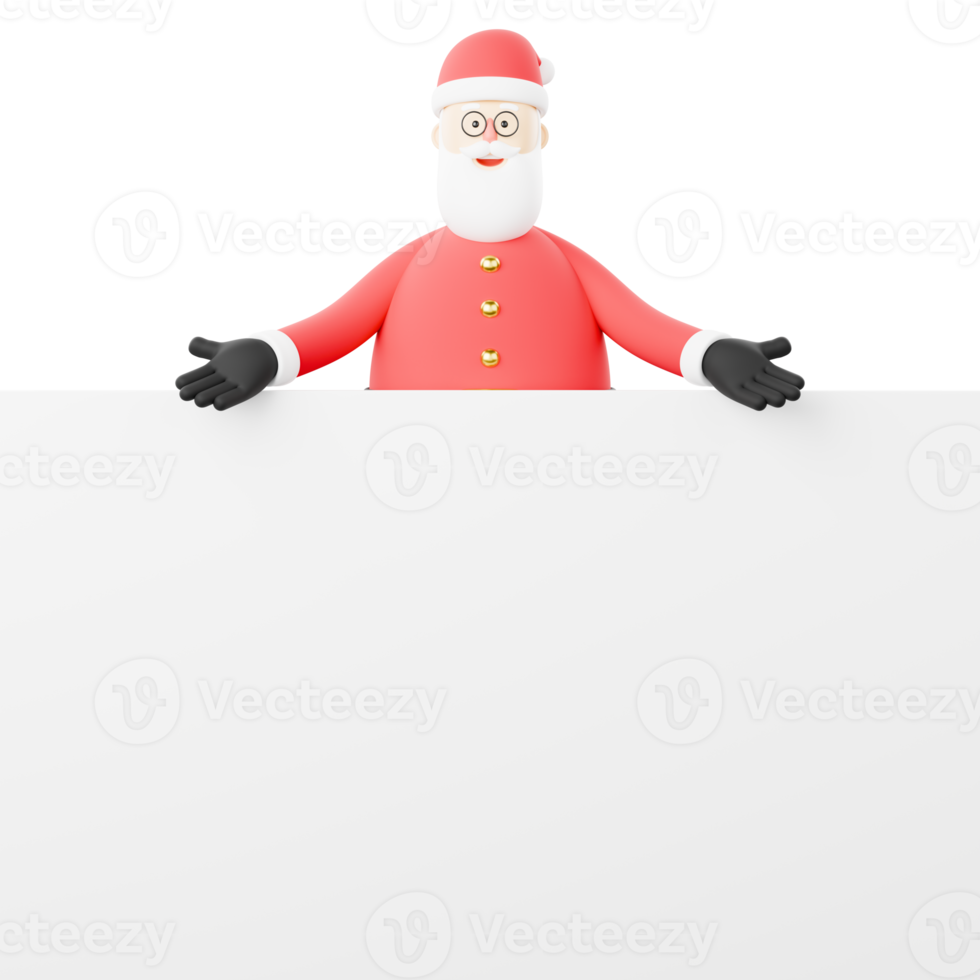 A 3D character cartoon of a Christmas Santa Claus promoting an advertisement on a blank white board. png
