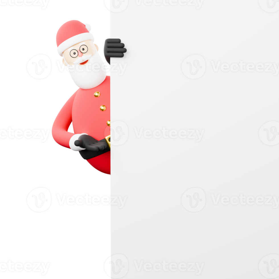 3D cartoon character of Santa Claus is hiding behind a white board. png