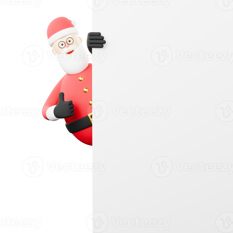 3D cartoon character of Santa Claus gives a thumbs up behind a white board. png