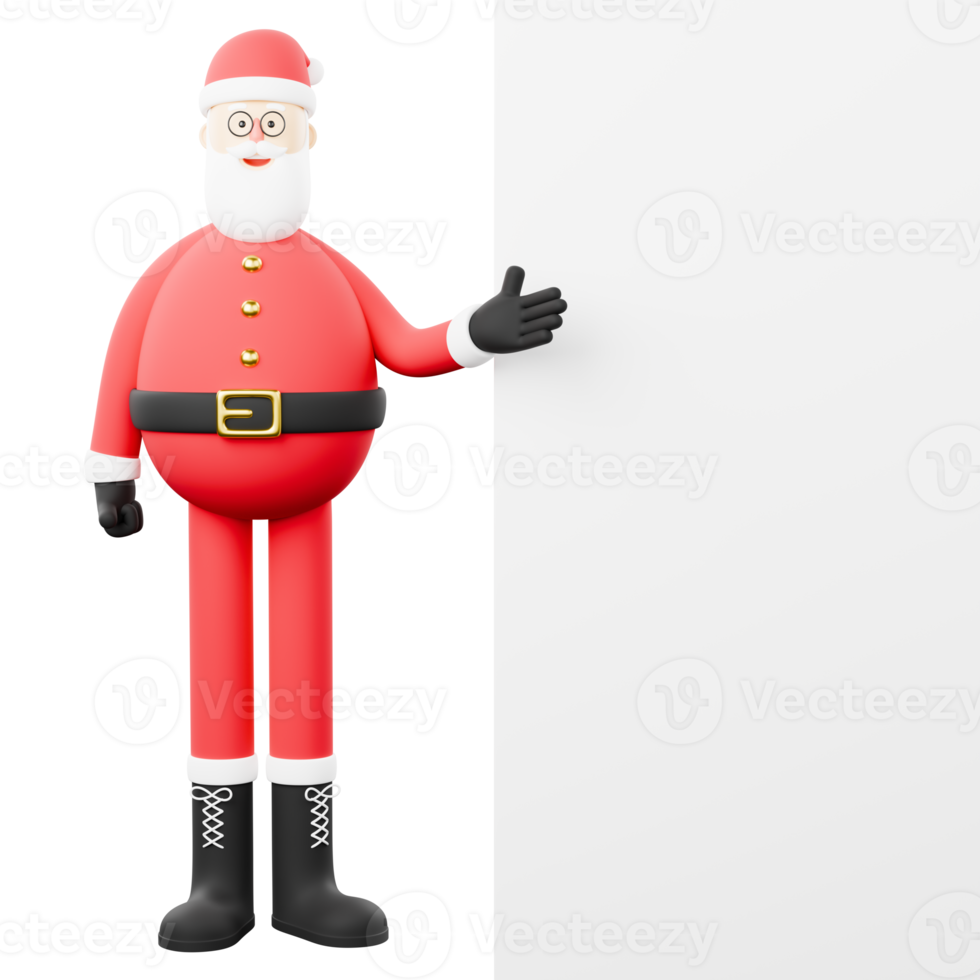 3D cartoon character of Santa Claus presenting an advertisement on a white board. png