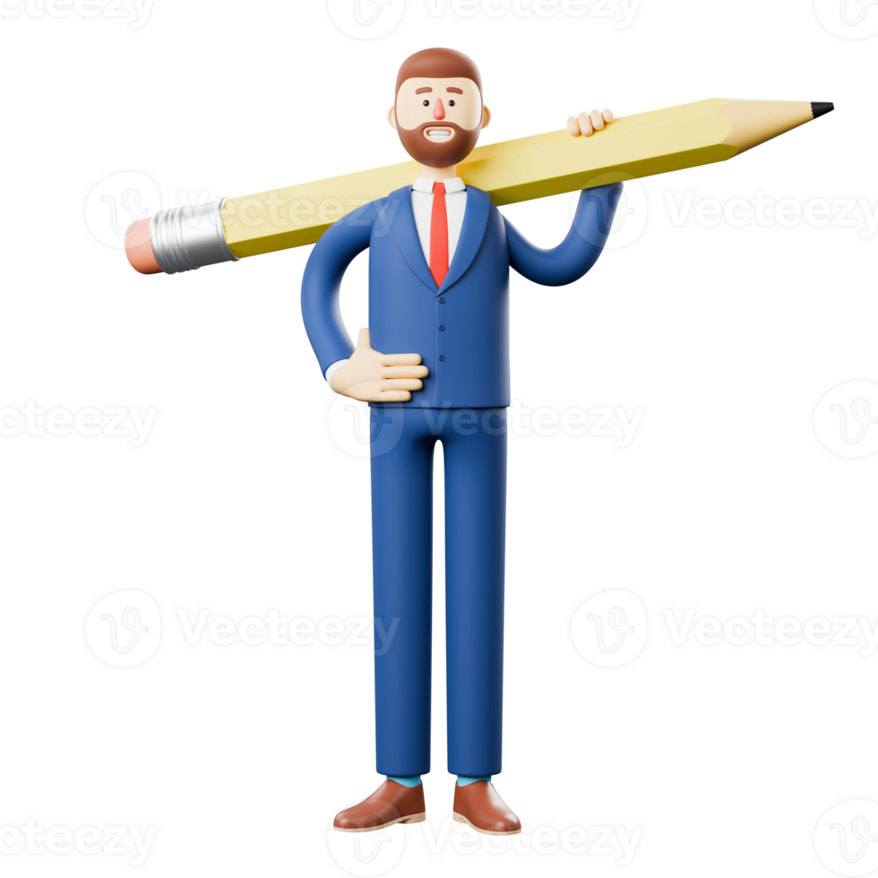 3d illustration of smiling businessman holding big pencil on shoulder and generating ideas. png