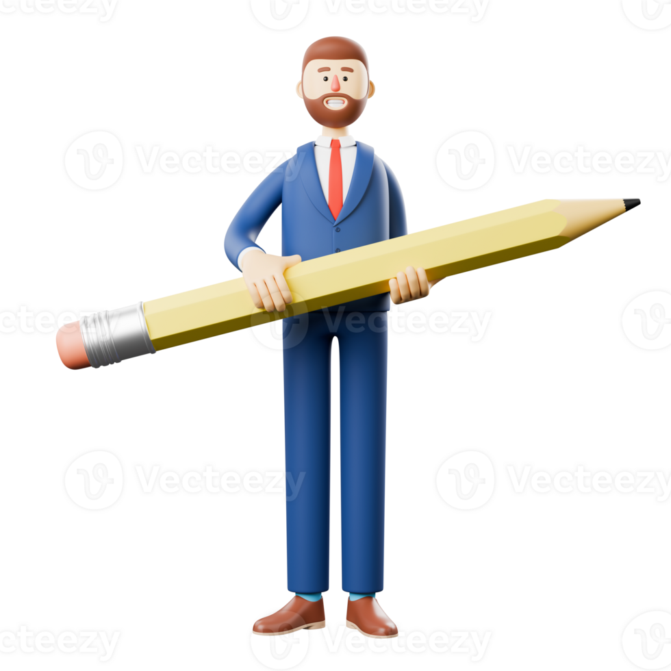 3d illustration of handsome businessman cartoon character with big pencil. png