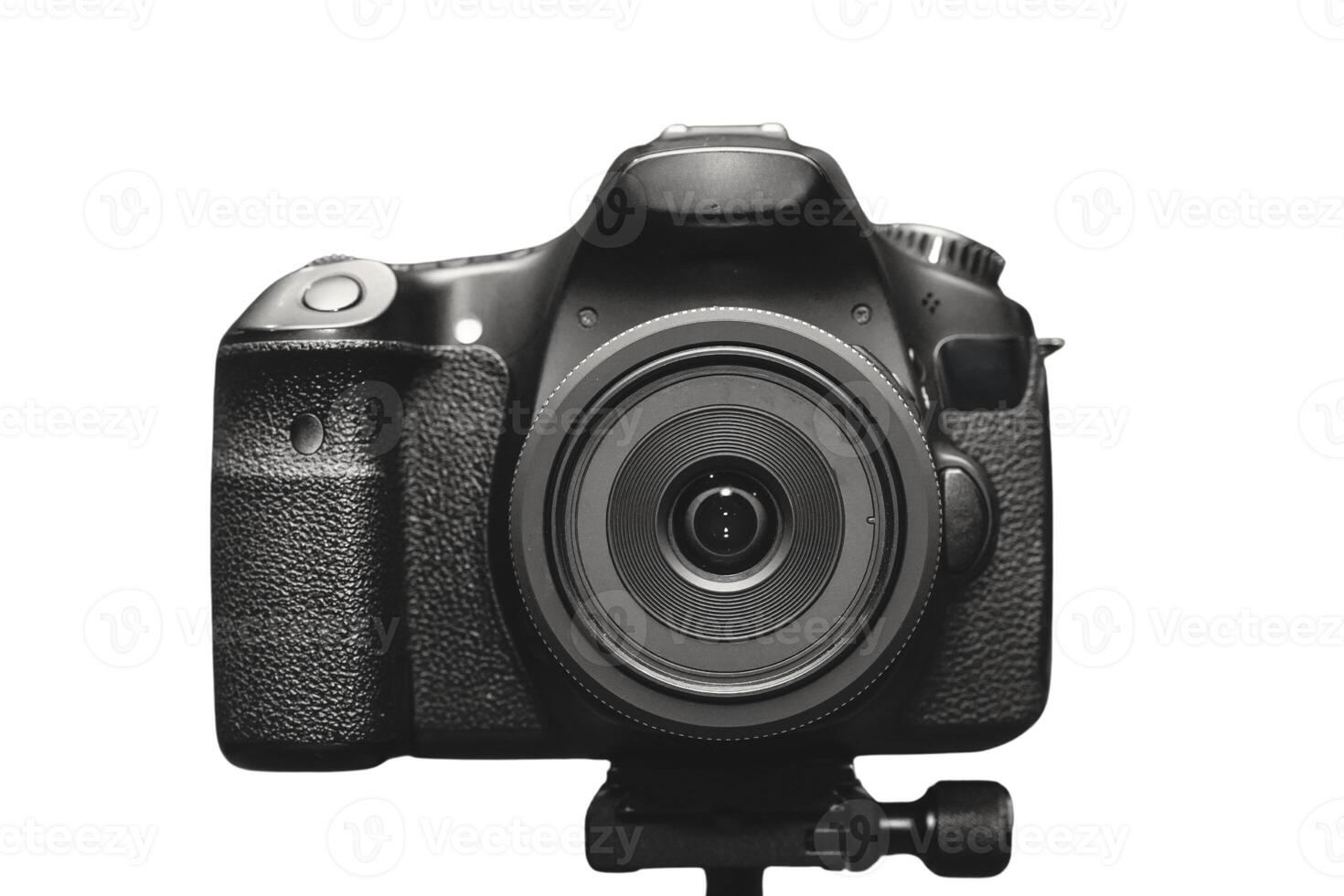 a front view of DSLR camera with white background photo