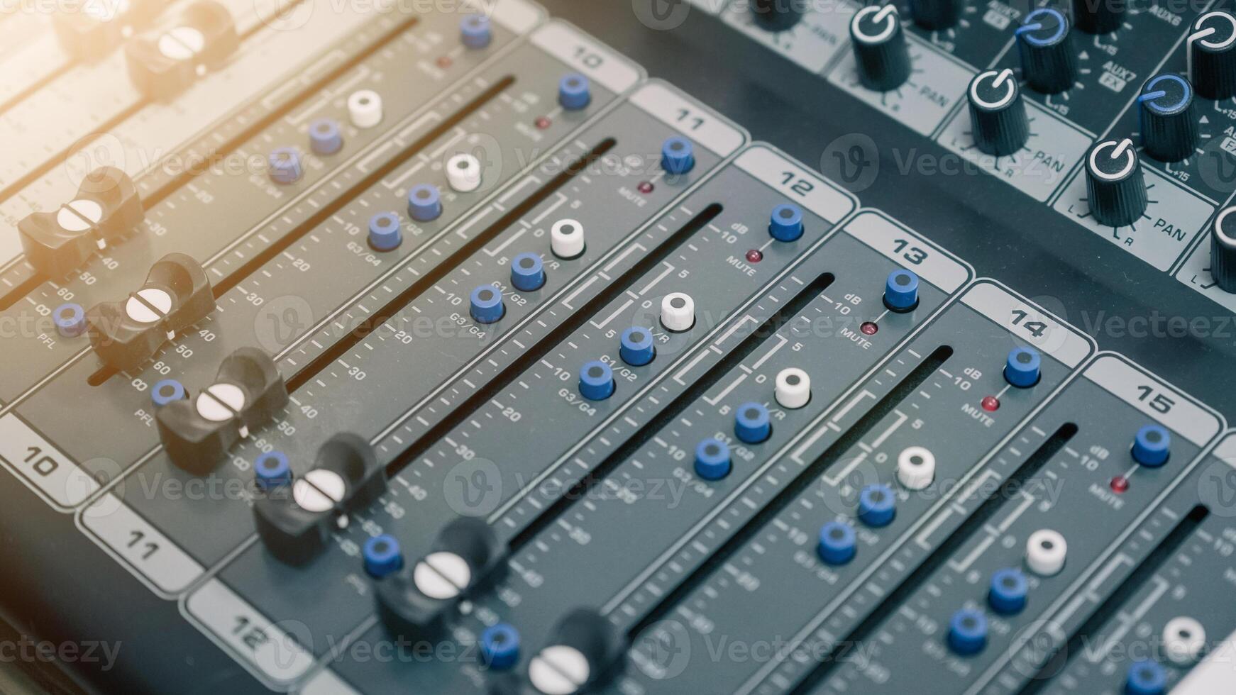 Close-up view of professional audio and sound equipment used for an event photo