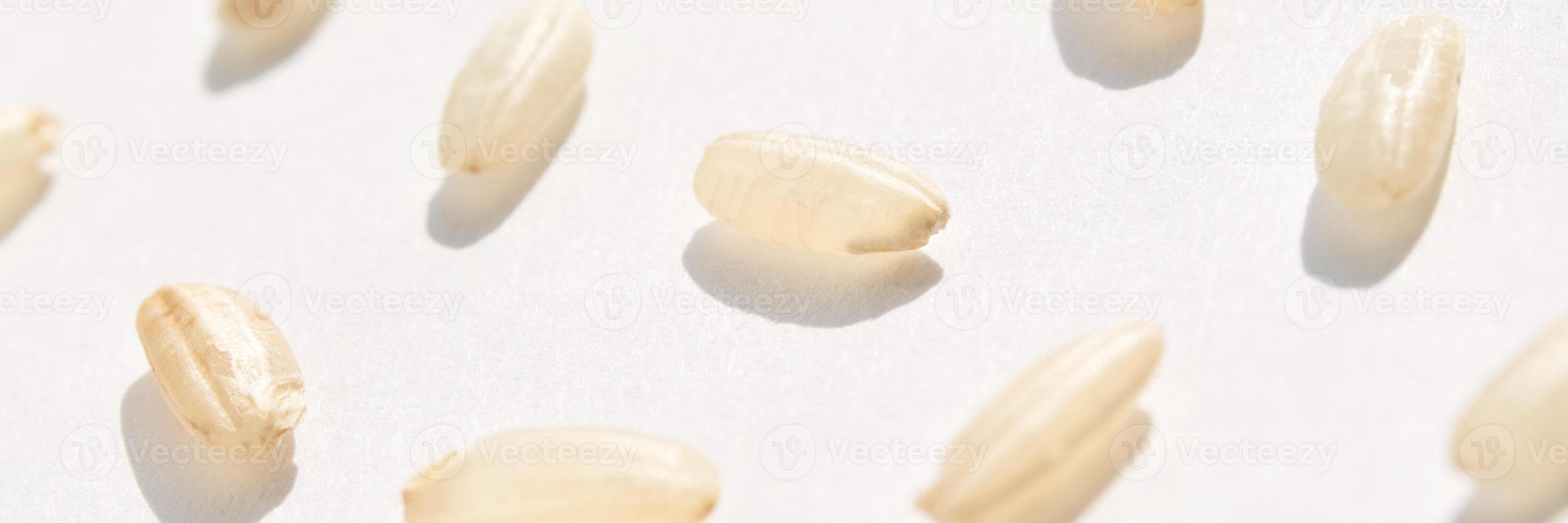 A top view captures the raw beauty of white basmati and brown rice grains. The macro closeup highlights diverse textures, presenting a wholesome, nutritious food staple. Pattern. Horizontal banner photo