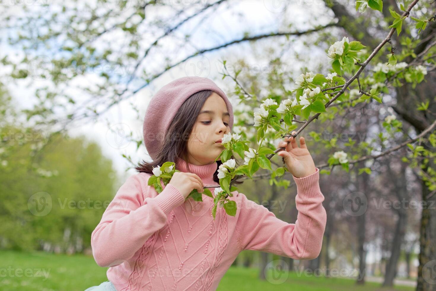 A little girl in a pink jumper holds a branch of a blossoming white apple tree in the park during the day photo