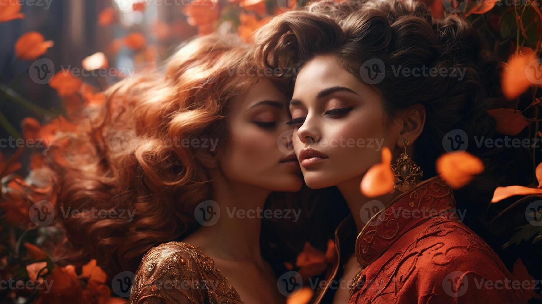 two women in love making love in the garden. two women in love kissing in the garden. vintage romance. two girls in love. photo