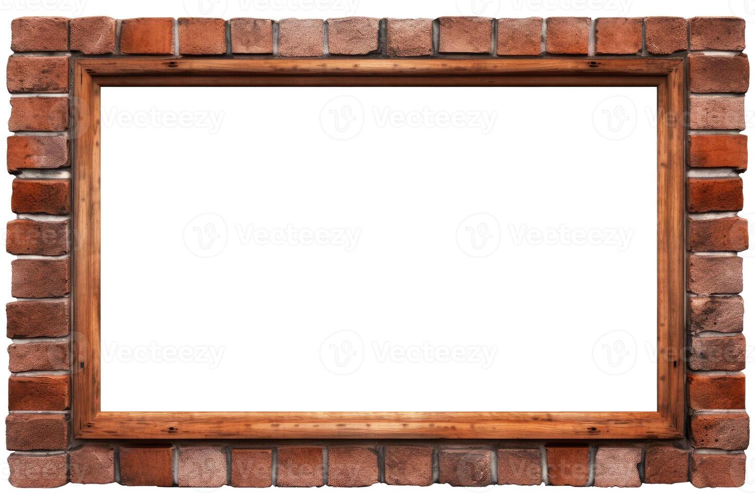 Wooden Frame in Brick Wall, Isolated on White photo