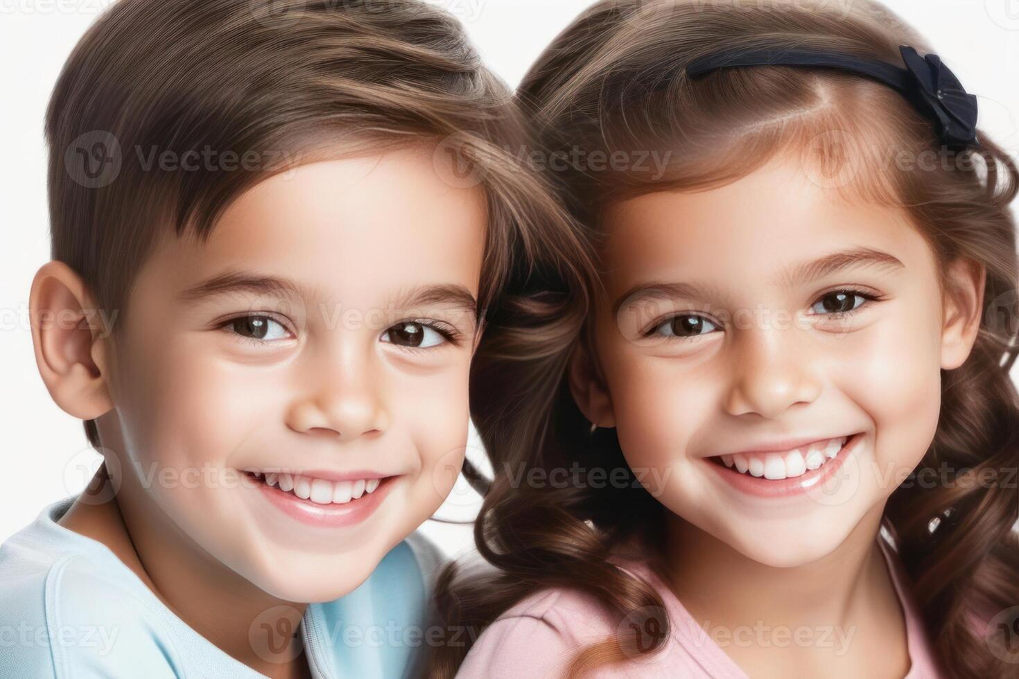 Happy young kids boy and girl smiling. Concept of children's friendship, happiness, family, kindness. photo
