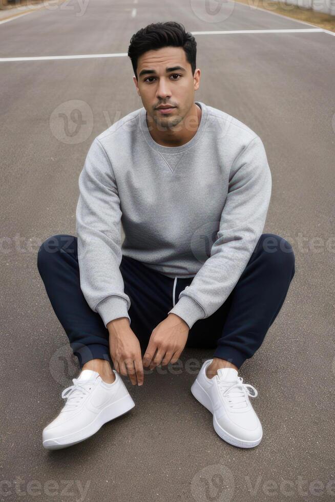 Fitness man in a tracksuit sitting on asphalt and rests. photo